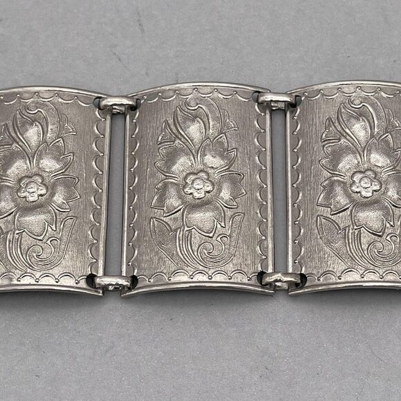 Floral Wide Link Cuff Panel Bracelet Lobster Closure Silver Tone - Picture 5 of 7